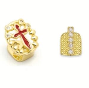 Gold Tooth Gem With Red Cross And Silver Accents 2pc Grillz